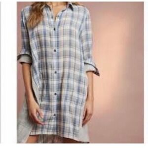Saturday Sunday Anthropologie Plaid Gauze Shirt Dress Blue Tan Small High Low